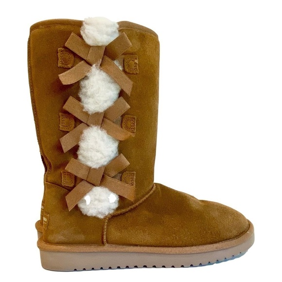 Koolaburra by UGG Tall Boots Chestnut Suede Leather Faux Fur Pom Pom Size 8 - Picture 1 of 13